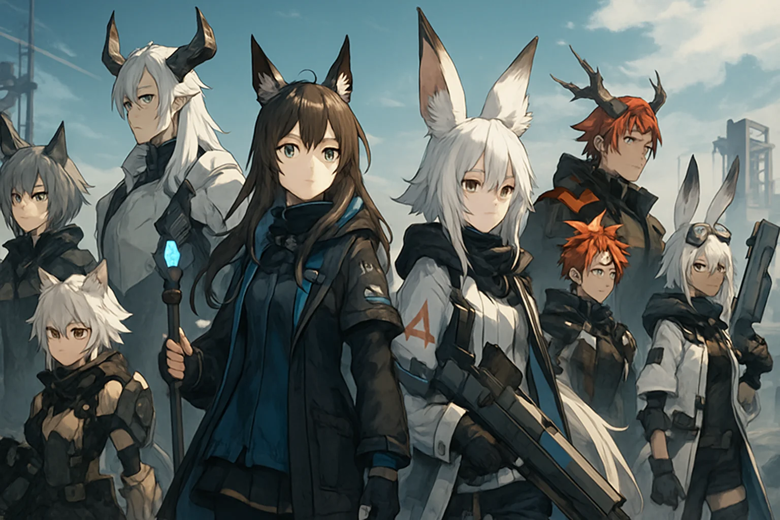 Изображение группы персонажей из игры Arknights: Endfield, демонстрирующее разнообразие операторов.