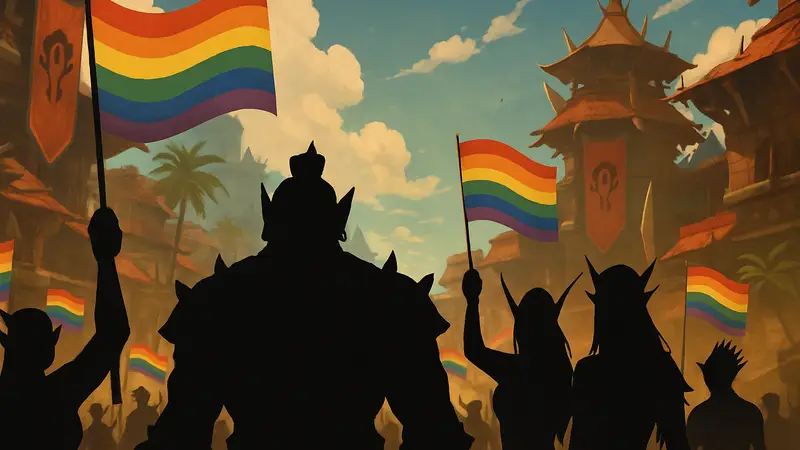 Персонажи World of Warcraft на параде Darkspear Dash, флаги Прайда, эльфы крови, орки.