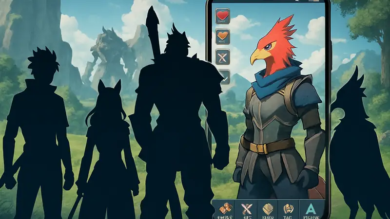 Персонажи из игры Shangri-La Frontier: The Seven Colossi на фоне мобильного интерфейса. Аниме-стиль.