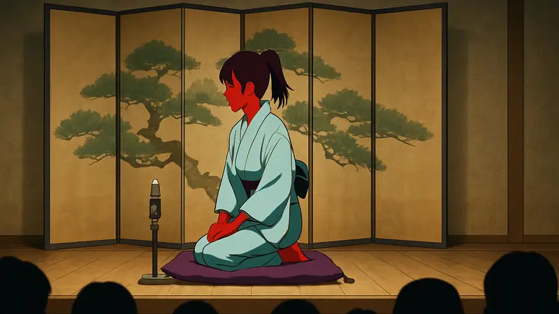 Кадр из аниме Akane-banashi: Аканэ на сцене, готовящаяся исполнить ракуго, на фоне традиционной ширмы.