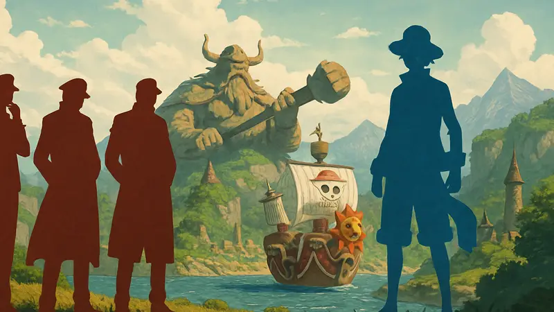 Персонажи Адмиралов и Йонко из аниме One Piece, на фоне корабля и мира Элбаф