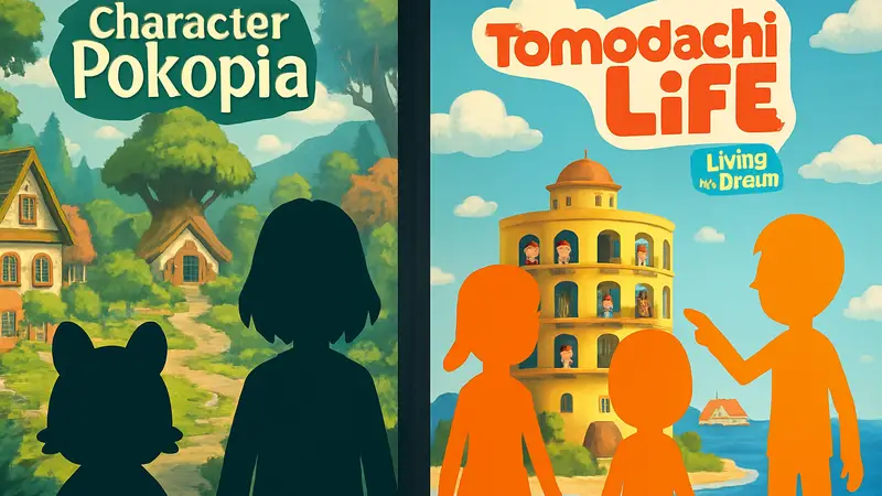 Обложки игр Pokemon Pokopia и Tomodachi Life: Living the Dream для сравнения. Персонажи обеих игр.