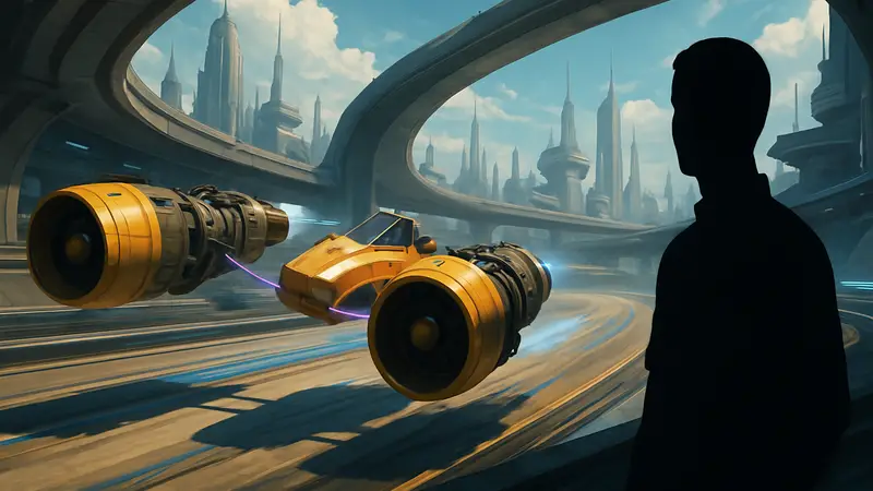 Гоночный под из Star Wars: Galactic Racer мчится по футуристической трассе, демонстрируя впечатляющую графику. Релиз игры.