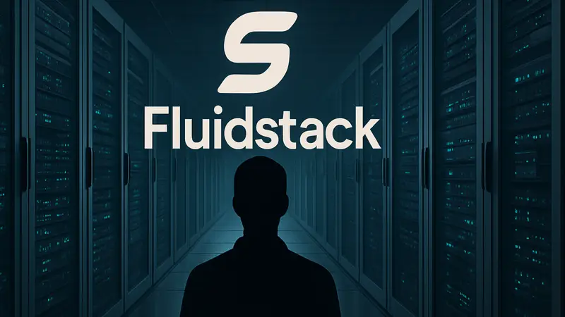 Логотип Fluidstack на фоне серверных стоек дата-центра.