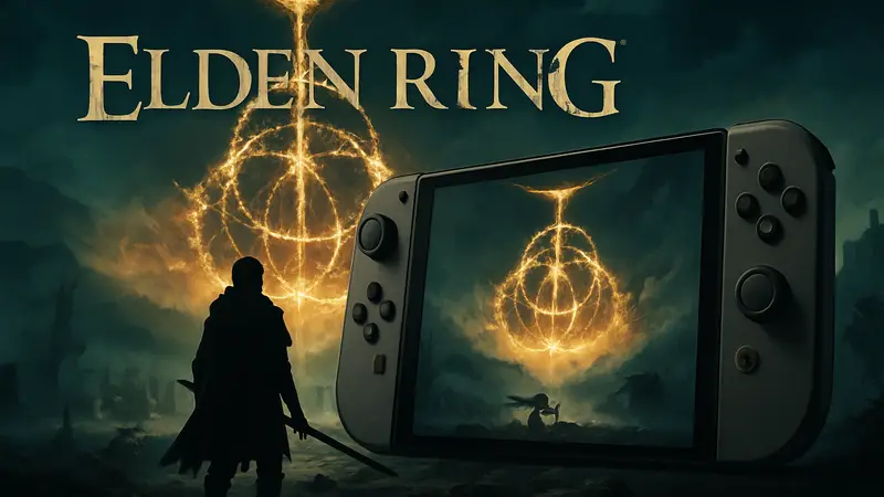 Логотип Elden Ring на фоне консоли Nintendo Switch 2.