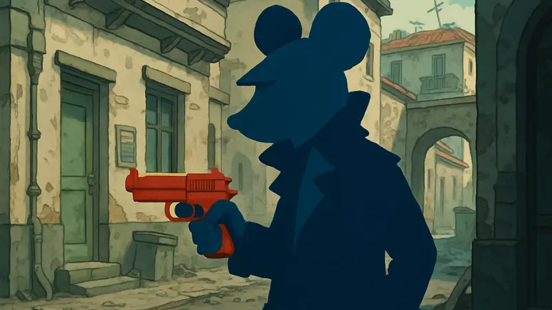 Кадр из игры Mouse: P.I. For Hire, показывающий главного героя с оружием