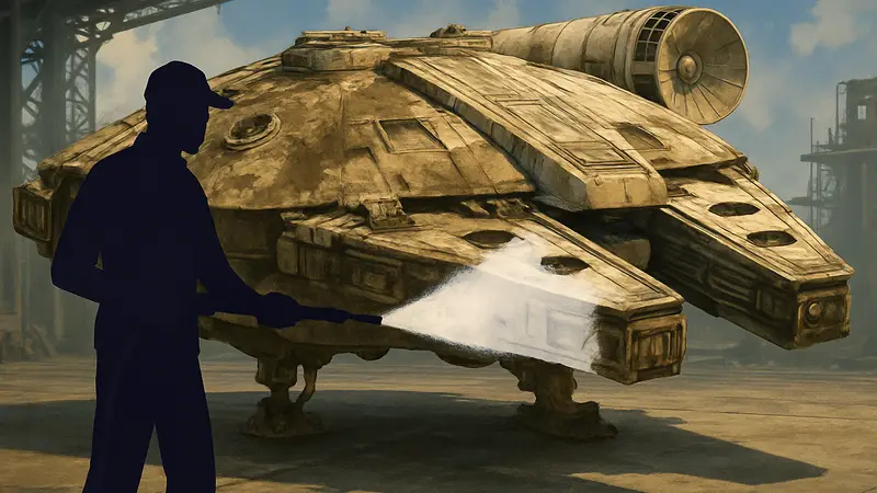 Изображение из PowerWash Simulator 2, где игрок чистит звездолет из «Звёздных войн»