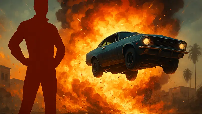 Логотип игры Stuntman Hollywood на фоне взрыва и каскадёрской машины, символизирующий экшен.