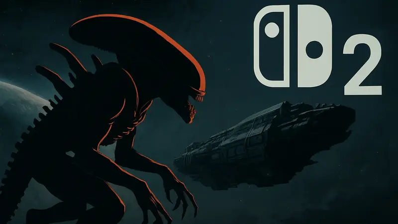 Космический корабль и ксеноморф из Alien: Rogue Incursion на фоне логотипа Switch 2.
