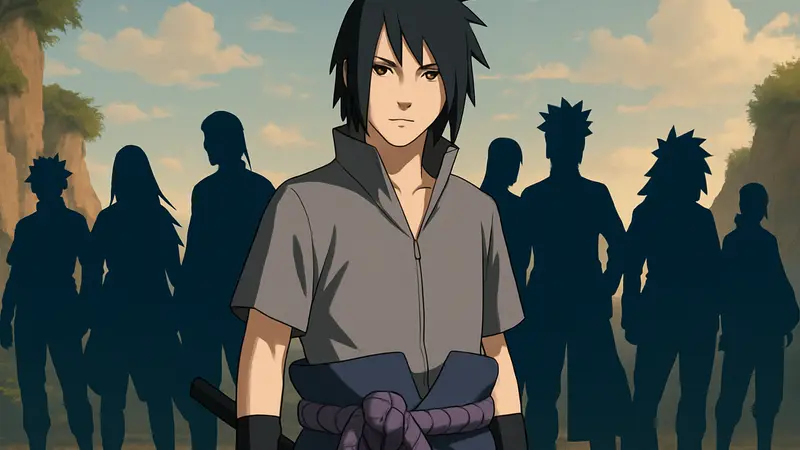 Саске Учиха на фоне шести аниме-персонажей, символизирующих их соперничество в силе.