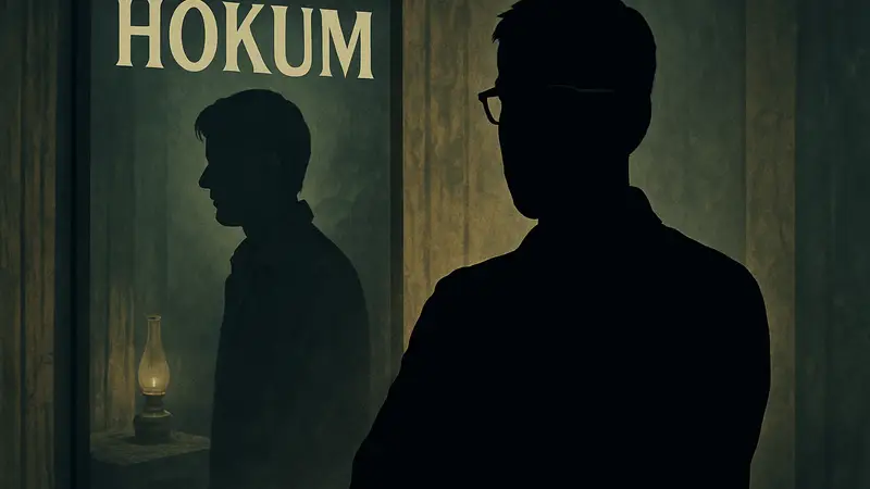 Дэмиен Маккарти, на фоне постера фильма Hokum, возможно с Адамом Скоттом, создающими загадочную атмосферу.