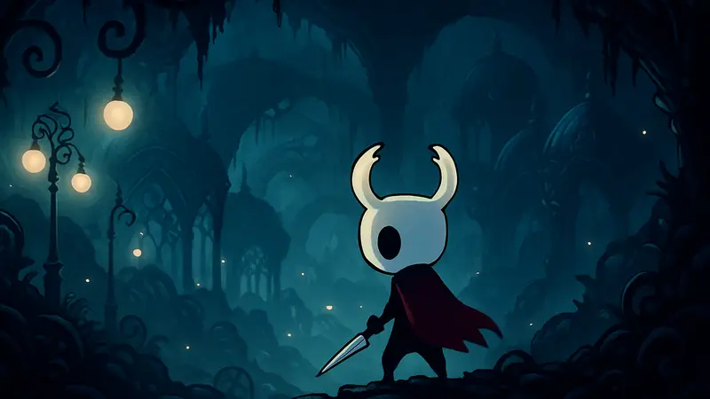 Арт с персонажем Рыцарем из Hollow Knight, исследующим запутанный и таинственный мир Халлоунеста.