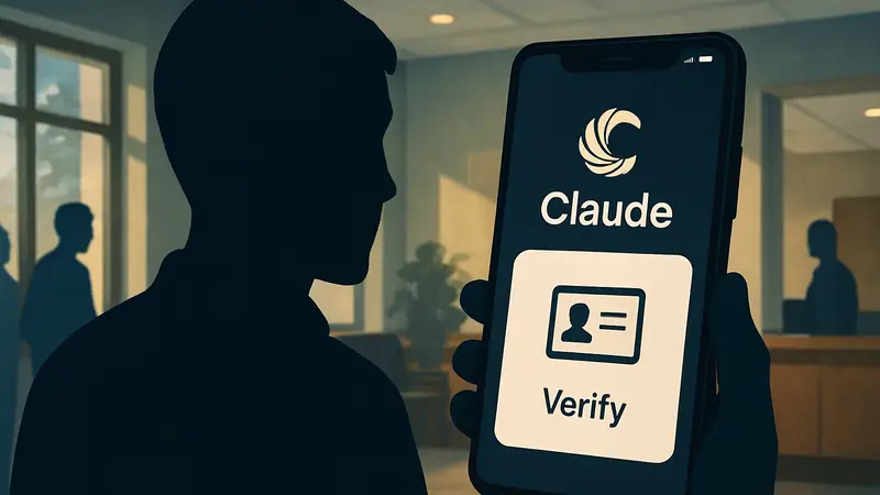 Логотип чат-бота Claude на экране смартфона с запросом на верификацию личности с помощью ID.