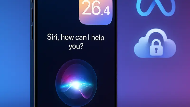 Интерфейс iPhone с активированной Siri, демонстрирующий обновлённый голосовой помощник и iOS 26.4.