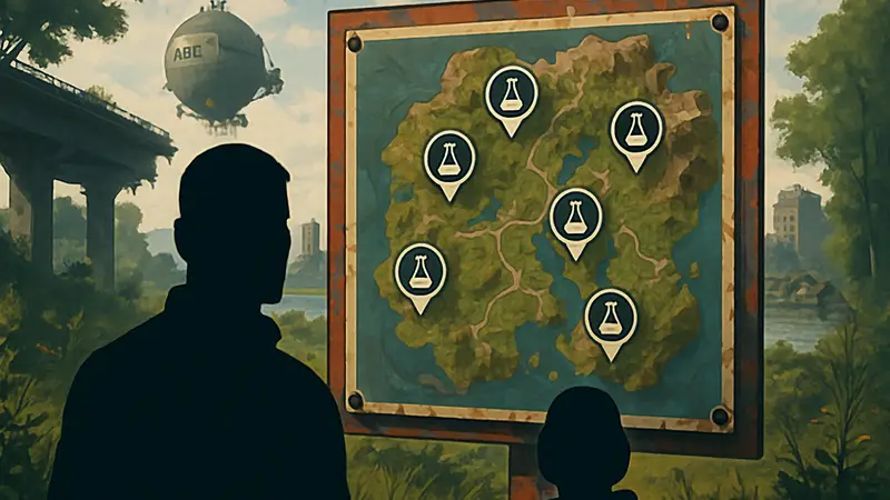 Карта с отмеченными точками фарма Лабораторных реагентов в ARC Raiders