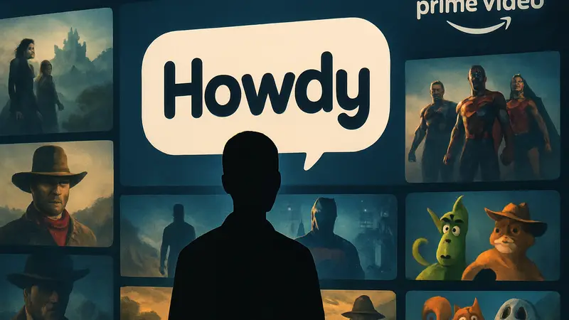 Логотип сервиса Howdy на фоне интерфейса Prime Video, демонстрирующий выбор контента.