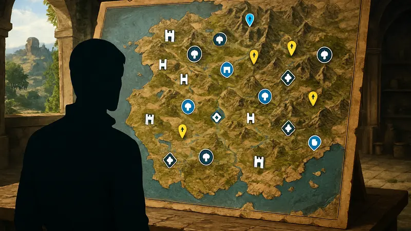 Интерактивная карта региона Эрнан из Crimson Desert, отображающая важные точки интереса и квесты.