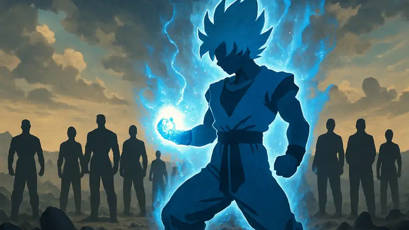 Изображение Гоку в форме Супер Саян Синий, демонстрирующего Божественную Ки в Dragon Ball. Рейтинг сильнейших персонажей.
