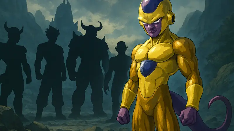 Фриза из аниме Dragon Ball в своей золотой форме, противостоящий более сильным злодеям из франшизы.