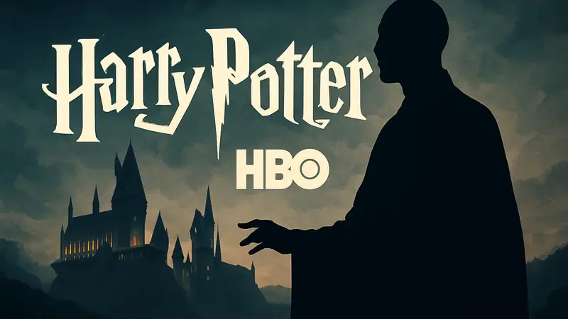Тёмный силуэт Волан-де-Морта на фоне логотипа сериала «Гарри Поттер» от HBO.