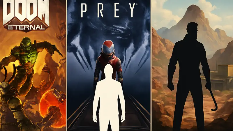 Обложки игр Doom Eternal, Prey и Black Mesa из бандла Humble Bundle.