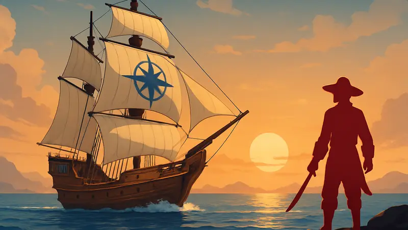 Игровой корабль в Windrose плывет по морю на фоне заката, иллюстрация гайда по получению судна.