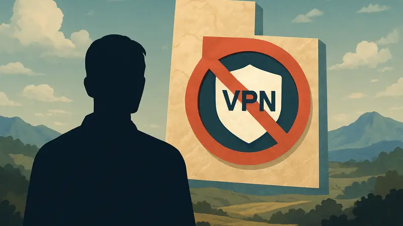 Изображение карты Юты с иконкой VPN и знаком запрета, символизирующее новый закон.