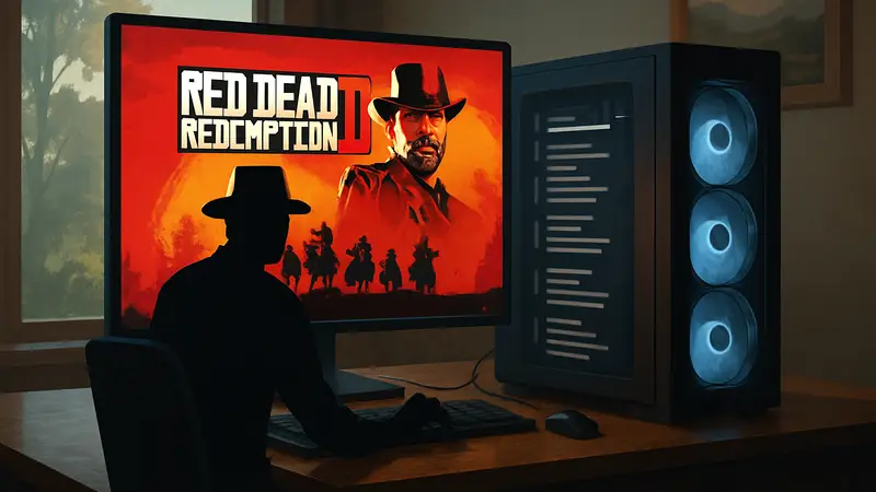 Игровой ПК с Red Dead Redemption 2 на экране и требованиями системы для комфортной игры.