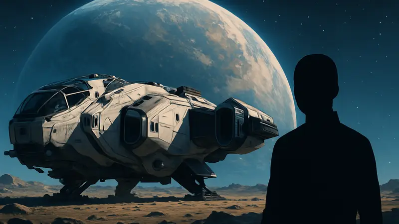 Космический корабль из игры Star Citizen на фоне далекой планеты.