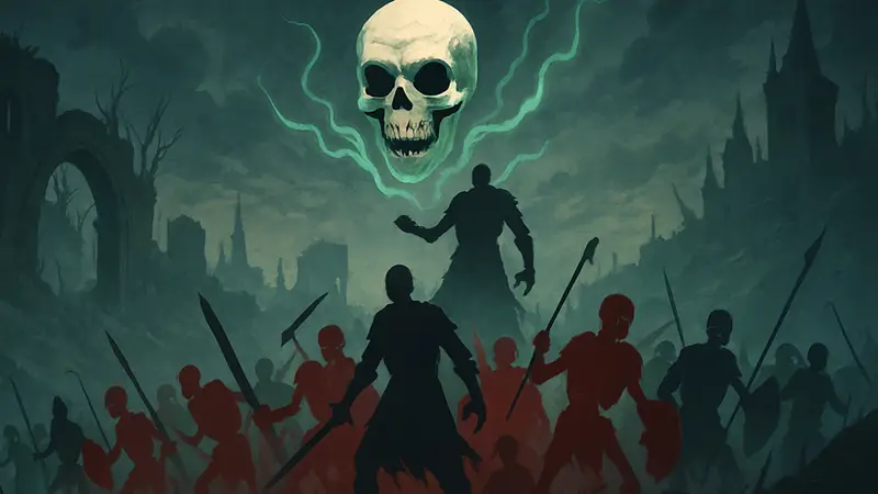 Летающий череп, управляющий армией нежити, в некромантском рогалике Skull Horde.