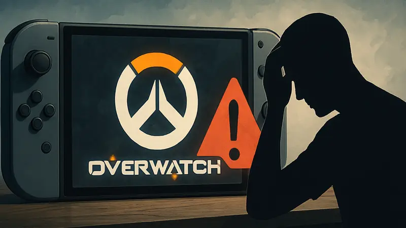 Логотип Overwatch на фоне консоли Nintendo Switch 2, символизирующий проблемы производительности.