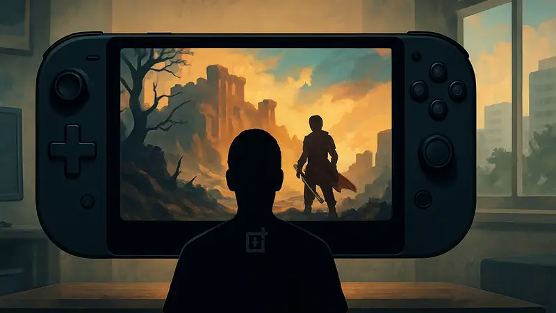 Концепт портативной игровой приставки OnePlus с экраном и игровыми контроллерами по бокам.