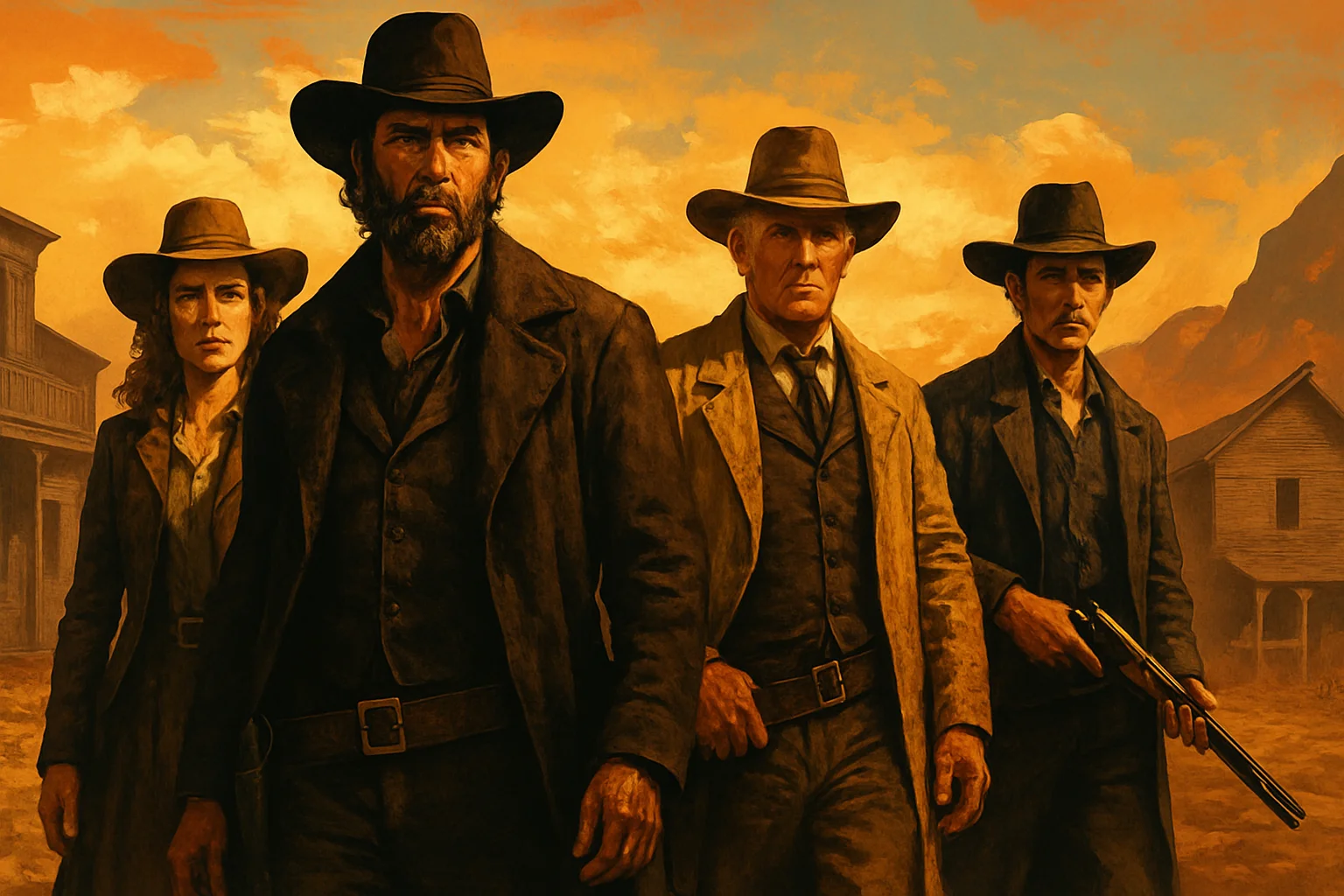 Кадр из сериала The Abandons или постер, изображающий персонажей в стилистике вестерна.
