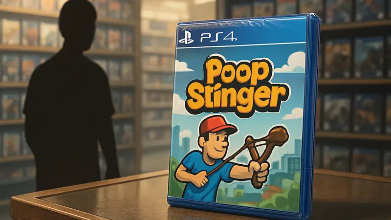 Запечатанная копия диска игры Poop Slinger для PlayStation 4 на прилавке магазина.