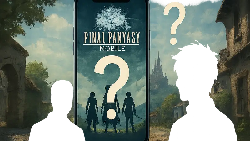 Логотип Final Fantasy 14 Mobile с элементами мобильной игры и знаком вопроса