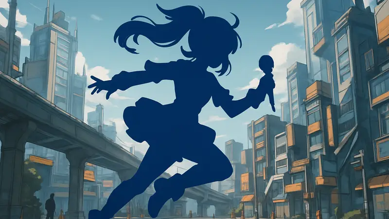 Персонаж Ария из игры Zenless Zone Zero в динамичной позе на фоне футуристического города.