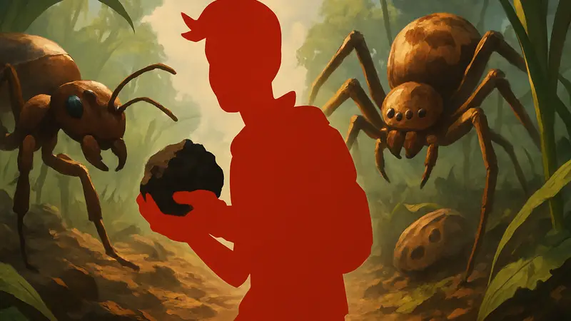 Игрок в Grounded 2 держит в руках комок пороха, на фоне огромных насекомых.