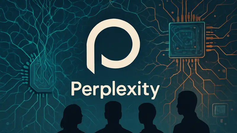 Логотип Perplexity AI на фоне абстрактных нейронных сетей и чипов