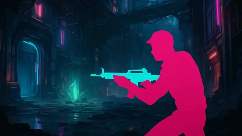 Скриншот из игры Rift Raider Extraction с неоновой графикой и персонажем-стрелком.