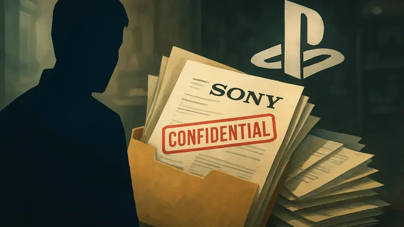 Секретные документы Sony и логотип PlayStation на размытом фоне, символизирующие утечку.