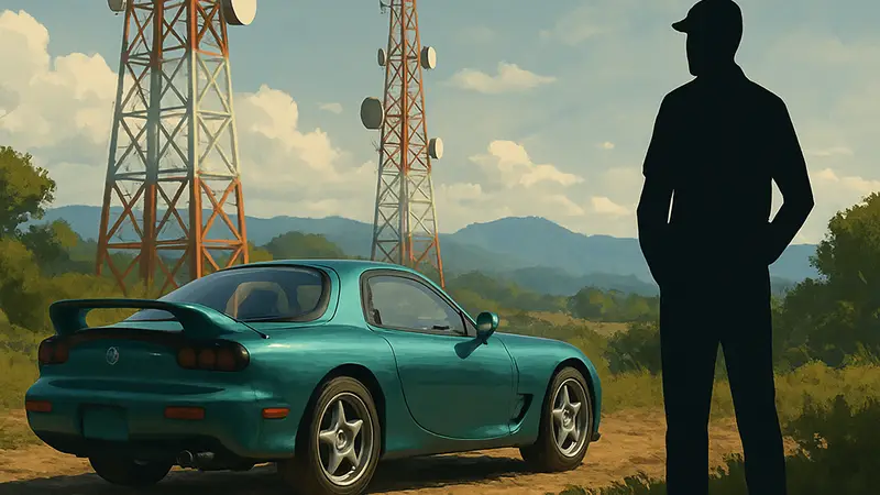 Mazda RX-7, спрятанная в Forza Horizon 6, на фоне радиовышек