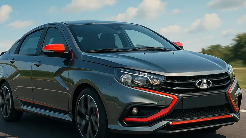 Автомобиль Lada Vesta Sportline на дороге, демонстрирующий свой спортивный дизайн