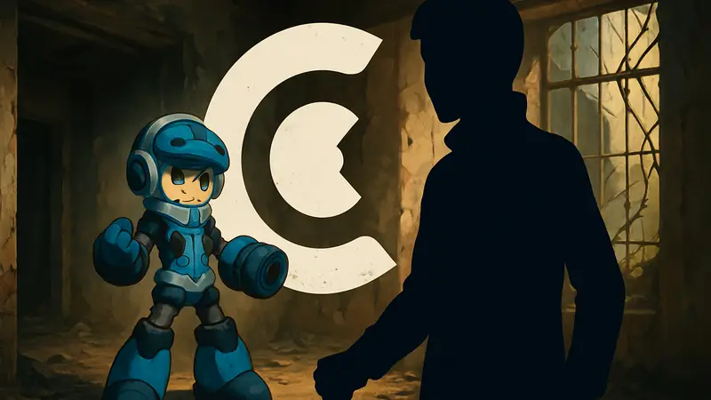 Логотип студии Comcept на фоне персонажа из игры Mighty No.9, символизирующий закрытие компании.