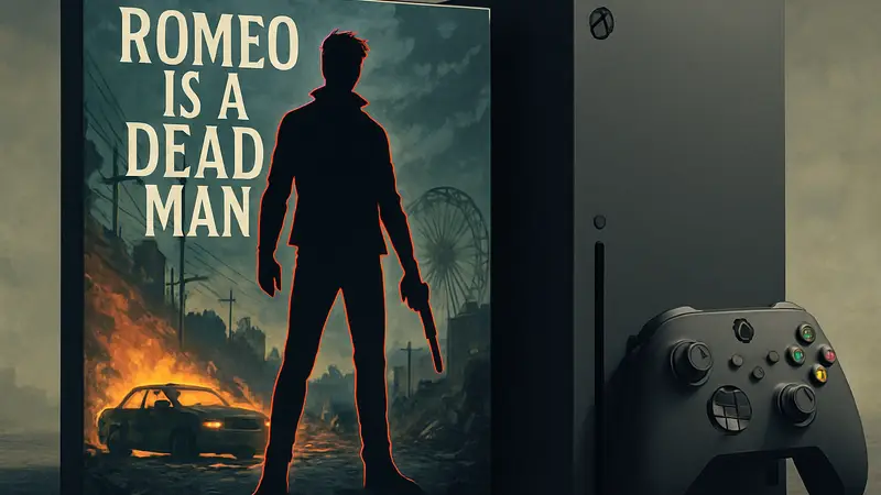 Обложка игры Romeo Is A Dead Man на фоне консоли Xbox.