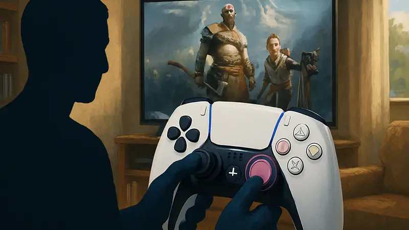 Концепт-изображение игрового контроллера Sony с кнопками, изменяющими свои тактильные свойства.