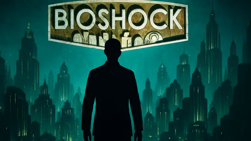 Логотип фильма BioShock на фоне подводного города Восторг из игры.