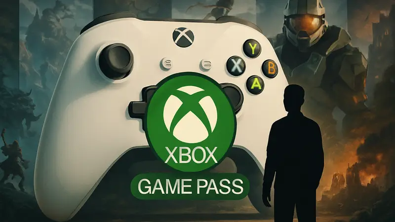 Логотип Xbox Game Pass Ultimate на фоне геймпада Xbox и игр