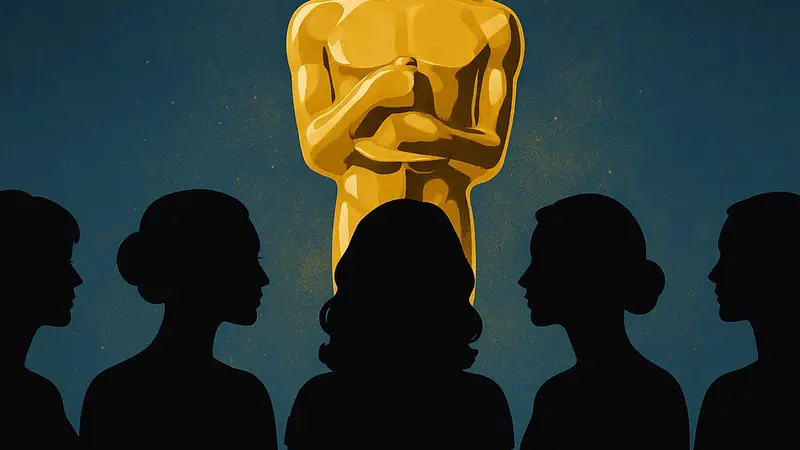 Пять женских силуэтов на фоне золотой статуэтки "Оскар", символизирующие номинанток на лучшую женскую роль 2026