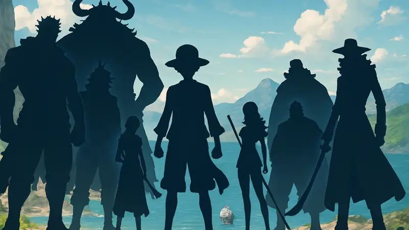 Изображение сильнейших пиратов One Piece, включая Луффи, в окружении морских пейзажей.