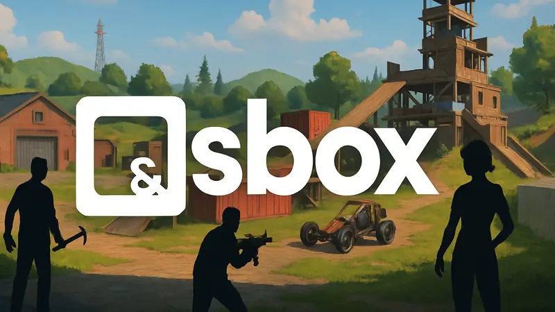 Логотип s&box на фоне скриншота песочницы, анонсирующий релиз в Steam.